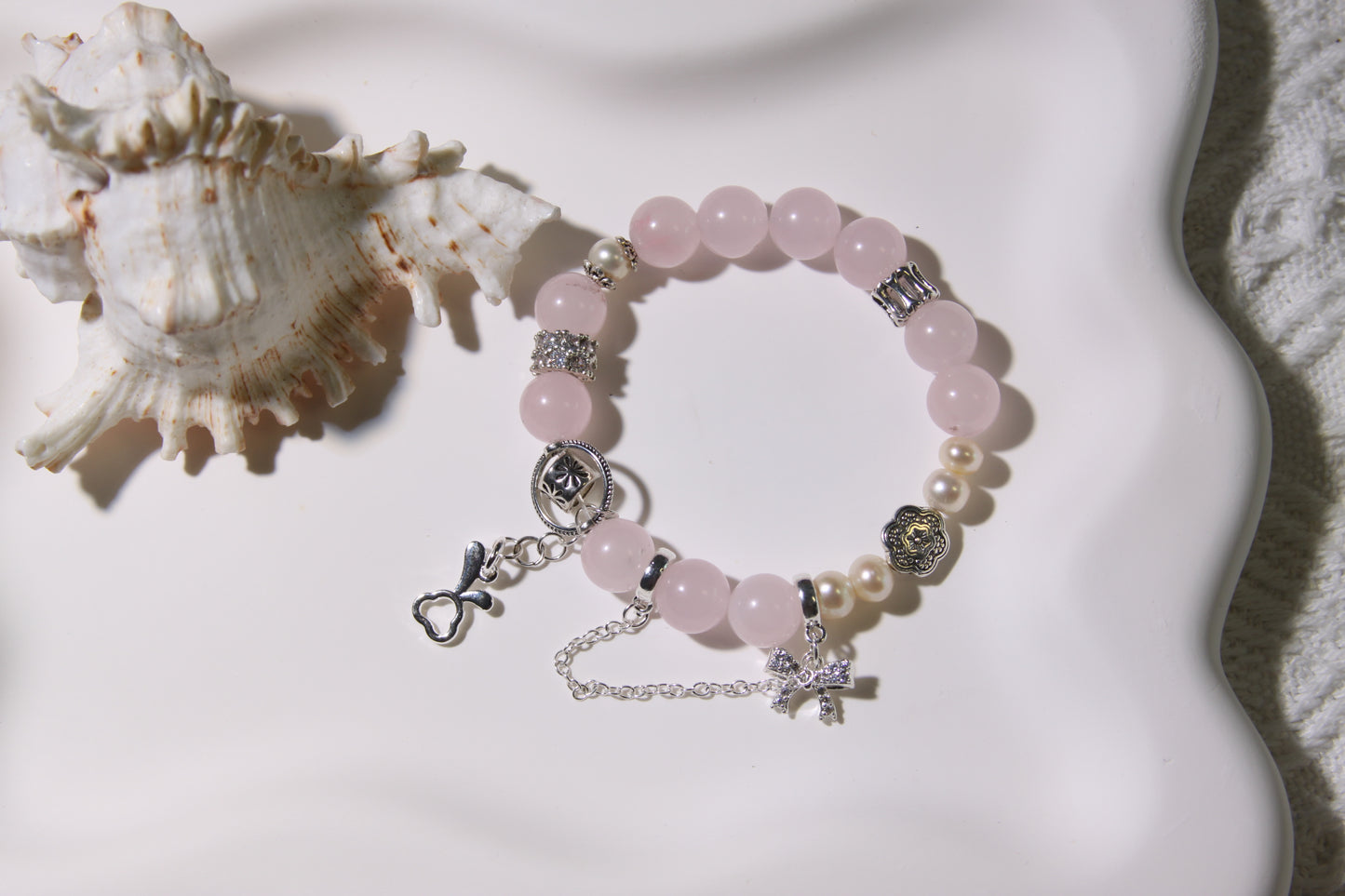 Pink Chalcedony Serenity Charm Bracelet: Embrace Tranquility and Grace[Pink Chalcedony, Freshwater pearl]