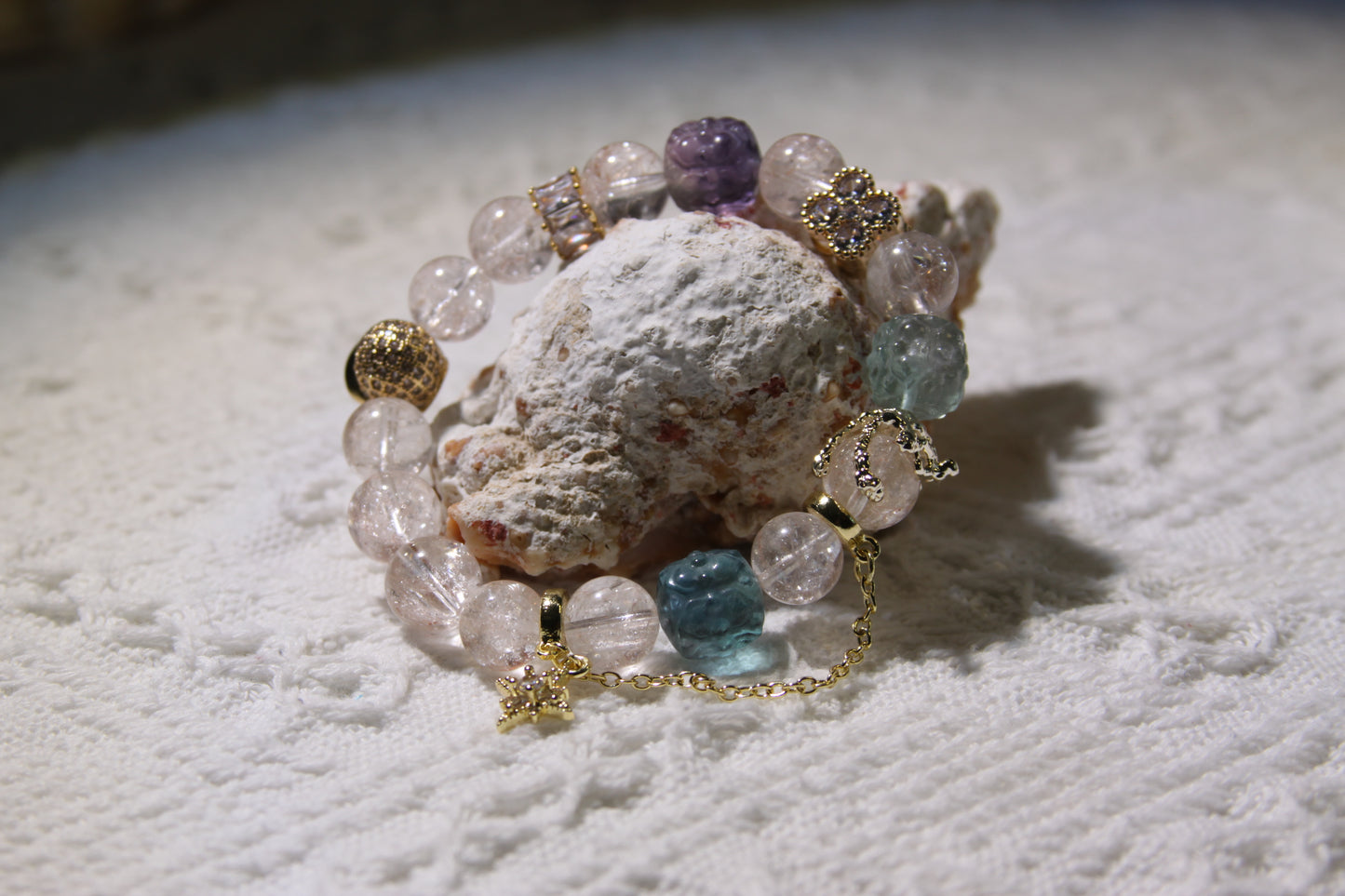 Cosmic Bliss Bracelet: Pink Apatite and Fluorite Elegance[Pink Apatite, Fluorite]