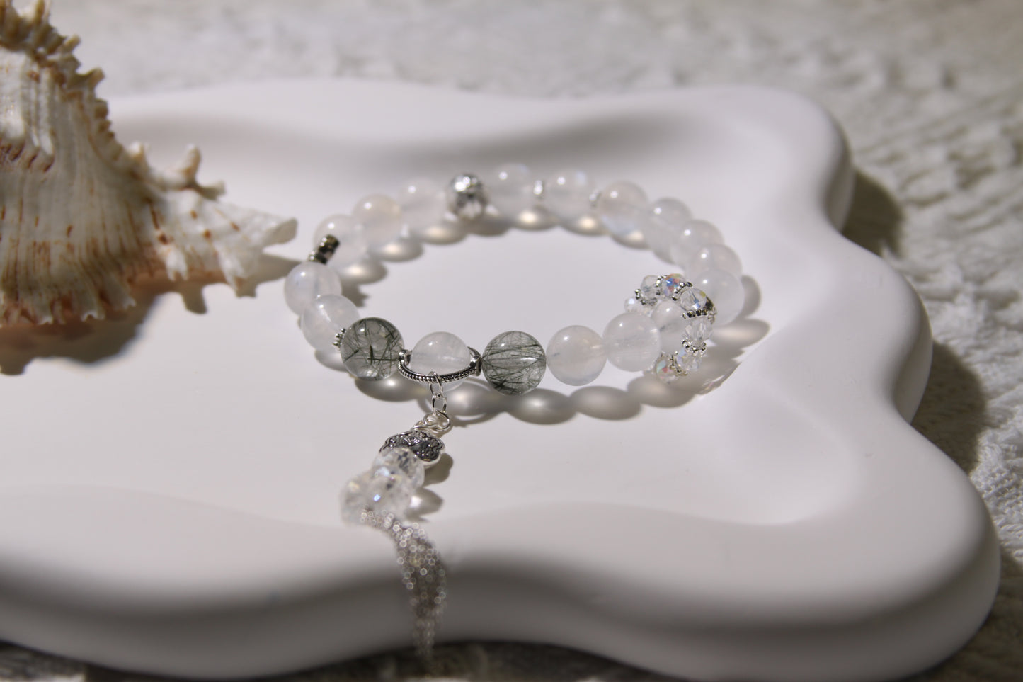 Moonlit Grove Bracelet[Blue Moonstone, Green Rutilated Quartz, and White Quartz]