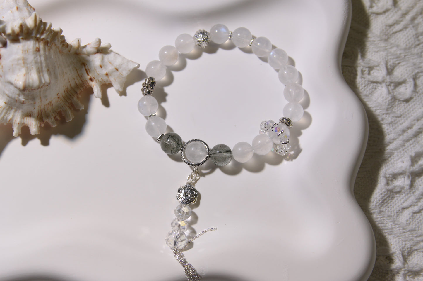 Moonlit Grove Bracelet[Blue Moonstone, Green Rutilated Quartz, and White Quartz]