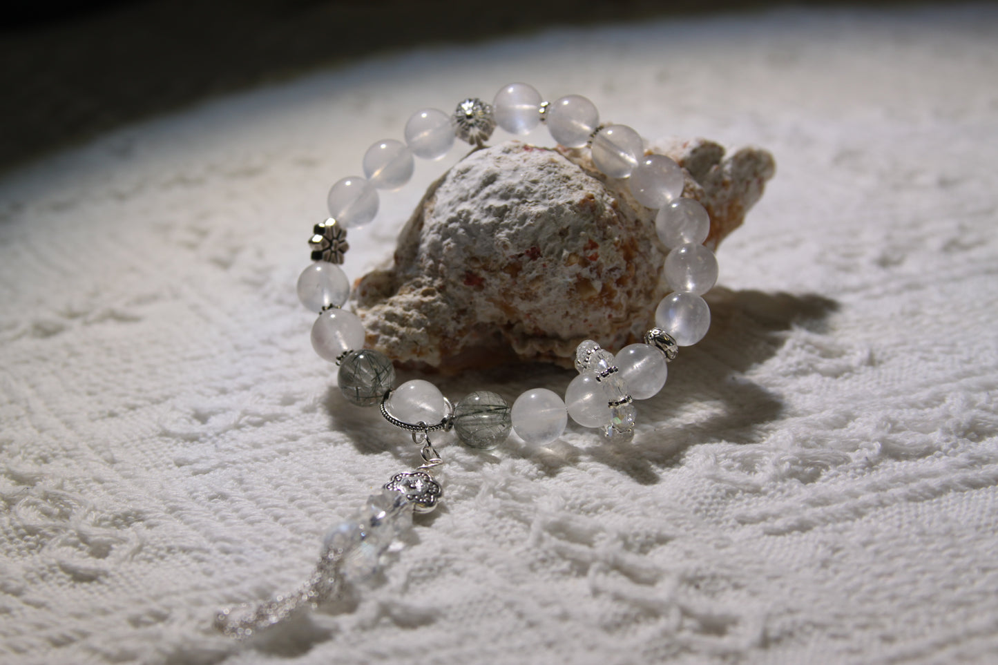 Moonlit Grove Bracelet[Blue Moonstone, Green Rutilated Quartz, and White Quartz]