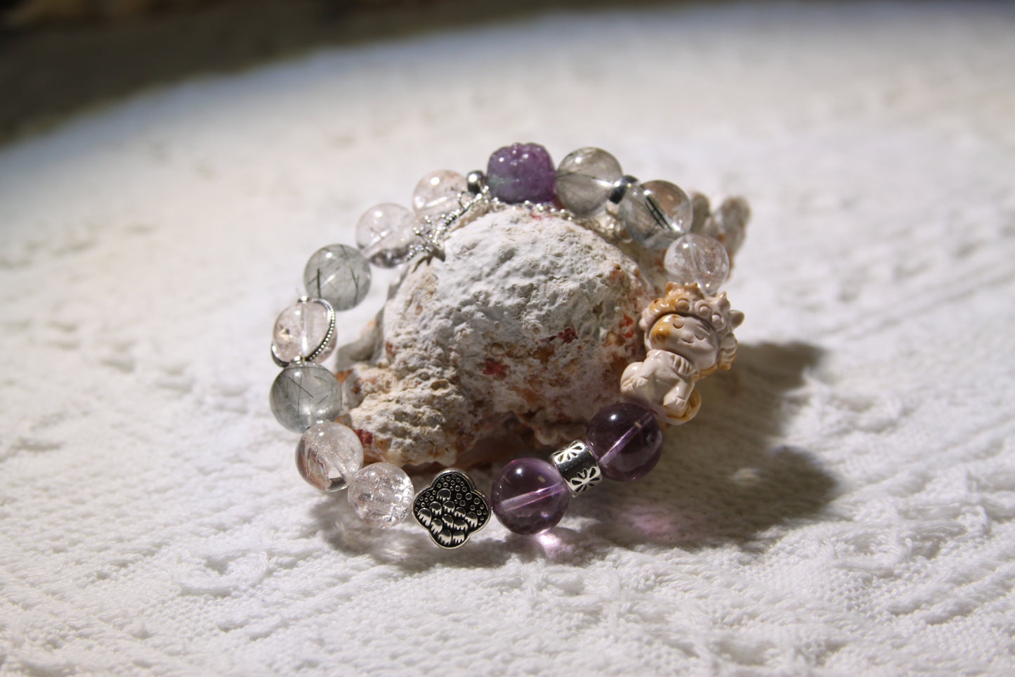 Cosmic Harmony Bracelet: A Symphony of Natural Wonders[Pink Apatite, Green Rutilated Quartz, Alaschan Agate, Amethyst, Fluorite]