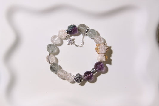 Cosmic Harmony Bracelet: A Symphony of Natural Wonders[Pink Apatite, Green Rutilated Quartz, Alaschan Agate, Amethyst, Fluorite]