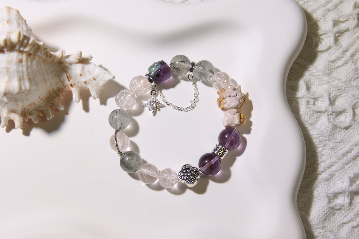 Cosmic Harmony Bracelet: A Symphony of Natural Wonders[Pink Apatite, Green Rutilated Quartz, Alaschan Agate, Amethyst, Fluorite]