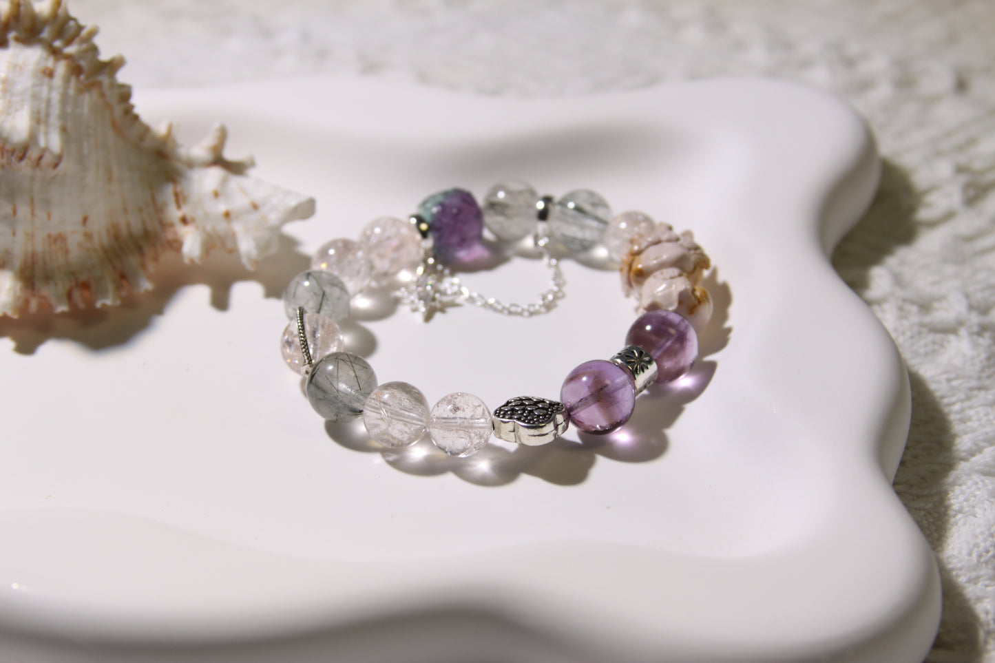 Cosmic Harmony Bracelet: A Symphony of Natural Wonders[Pink Apatite, Green Rutilated Quartz, Alaschan Agate, Amethyst, Fluorite]