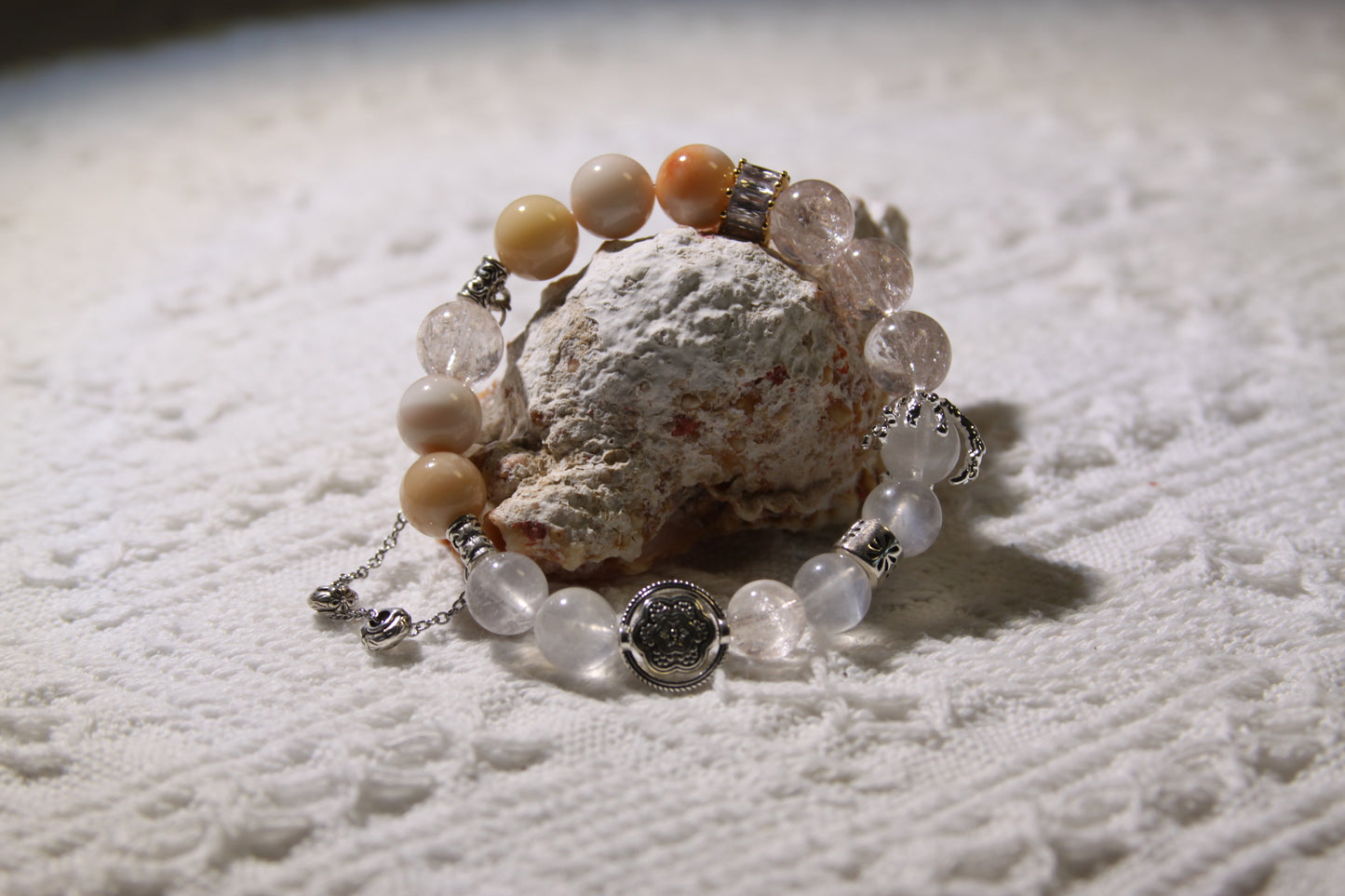 Ethereal Terrain Bracelet: A Fusion of Earth and Sky[Pink Apatite, Moonstone, Alaschan Agate]