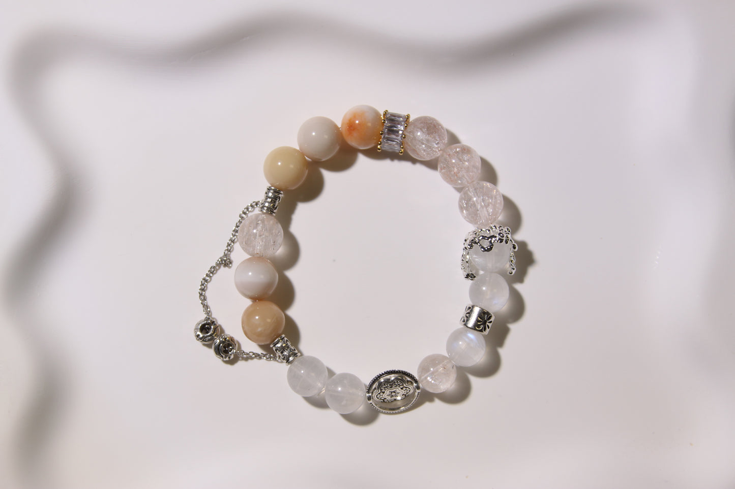 Ethereal Terrain Bracelet: A Fusion of Earth and Sky[Pink Apatite, Moonstone, Alaschan Agate]