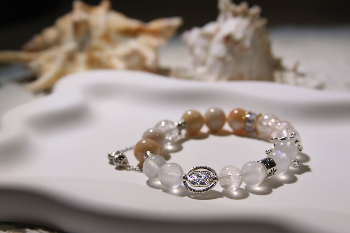 Ethereal Terrain Bracelet: A Fusion of Earth and Sky[Pink Apatite, Moonstone, Alaschan Agate]