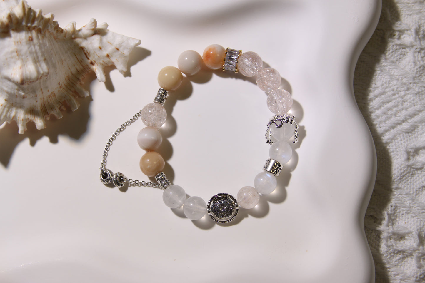 Ethereal Terrain Bracelet: A Fusion of Earth and Sky[Pink Apatite, Moonstone, Alaschan Agate]