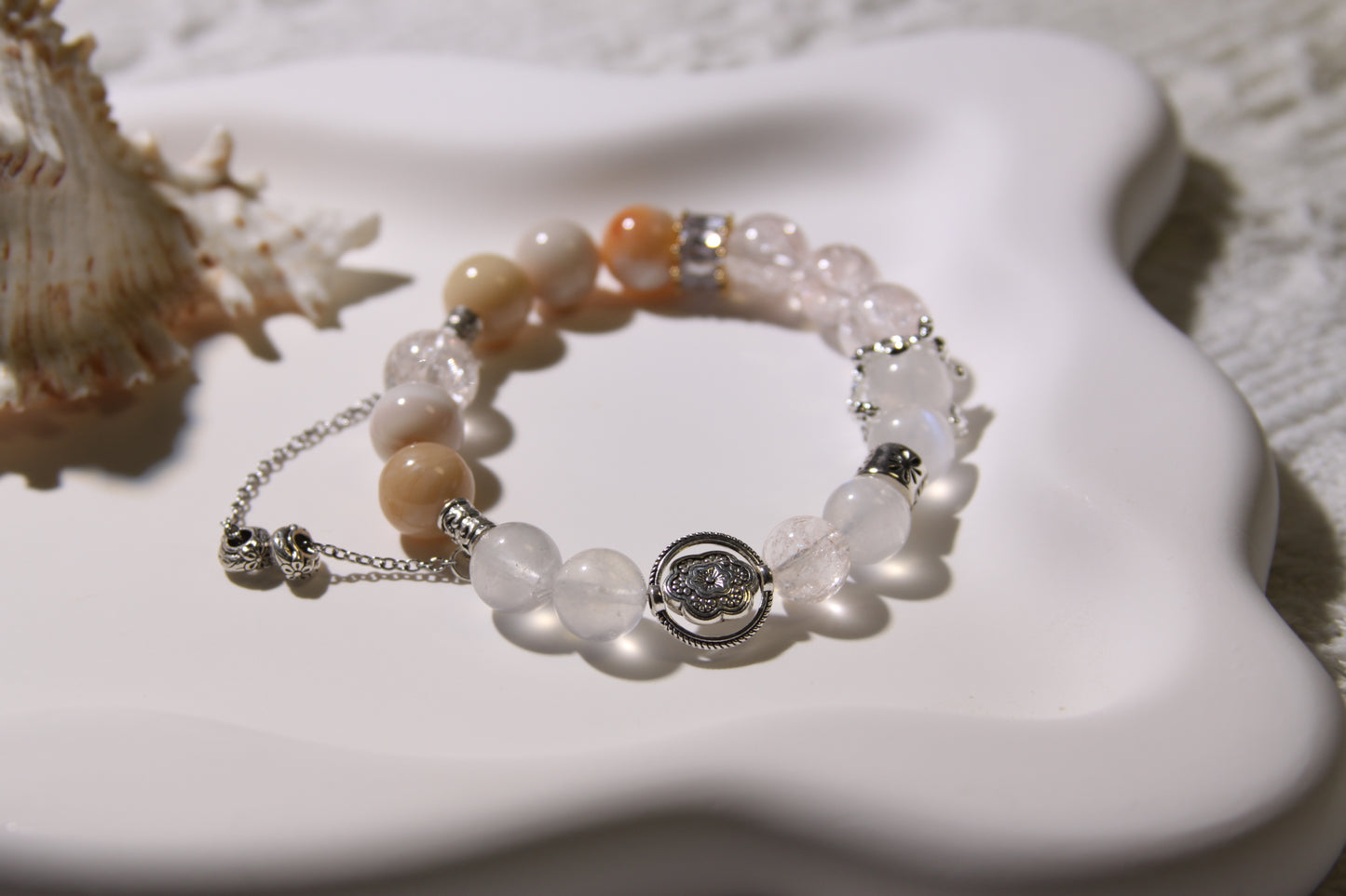 Ethereal Terrain Bracelet: A Fusion of Earth and Sky[Pink Apatite, Moonstone, Alaschan Agate]