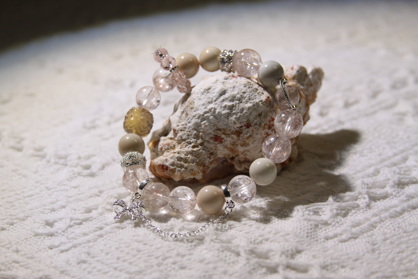 Ethereal Bloom Bracelet: A Symphony of Healing Crystals[Pink Apatite, Alaschan Agate, Fluorite, Rose Quartz]