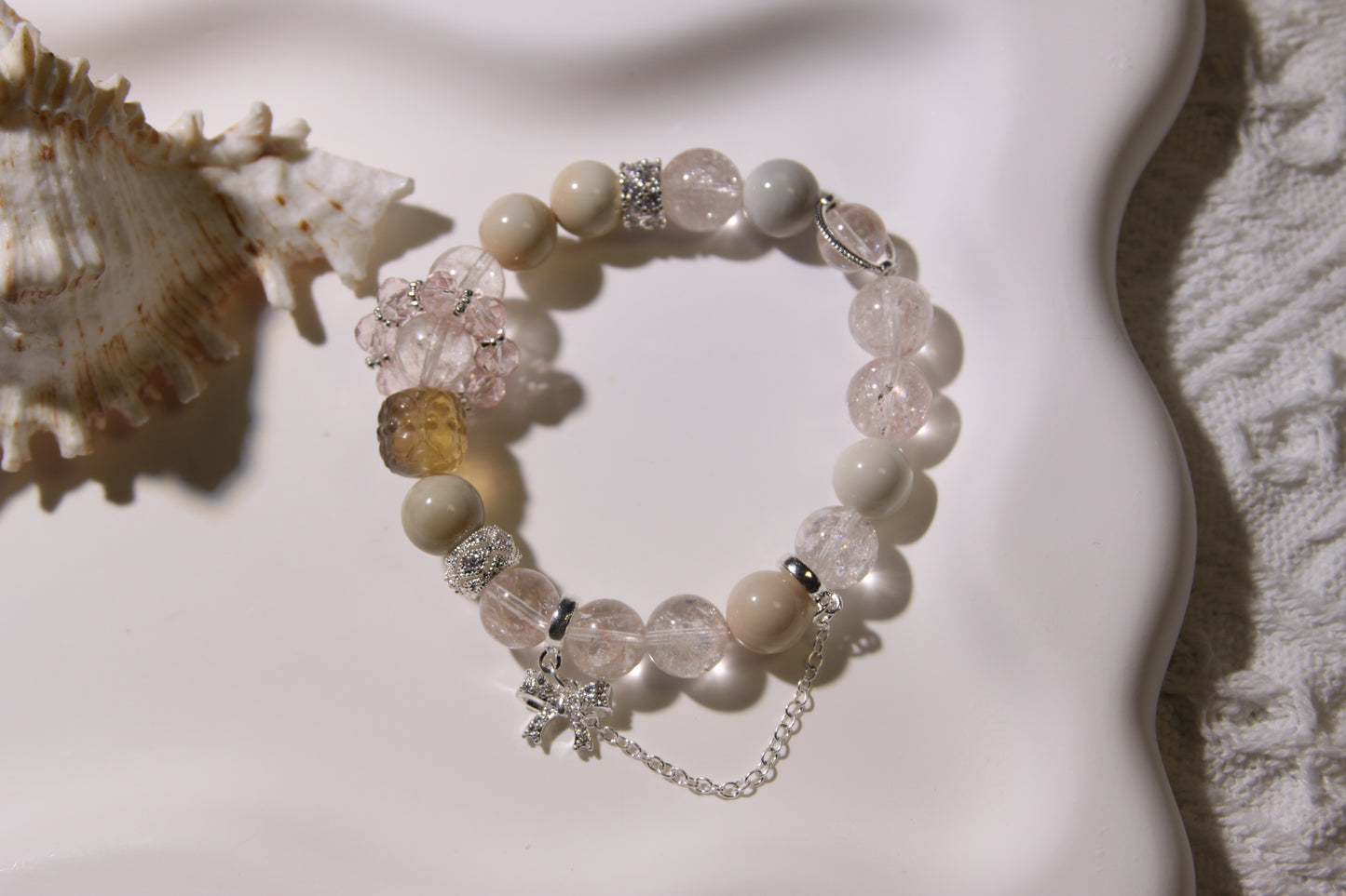 Ethereal Bloom Bracelet: A Symphony of Healing Crystals[Pink Apatite, Alaschan Agate, Fluorite, Rose Quartz]