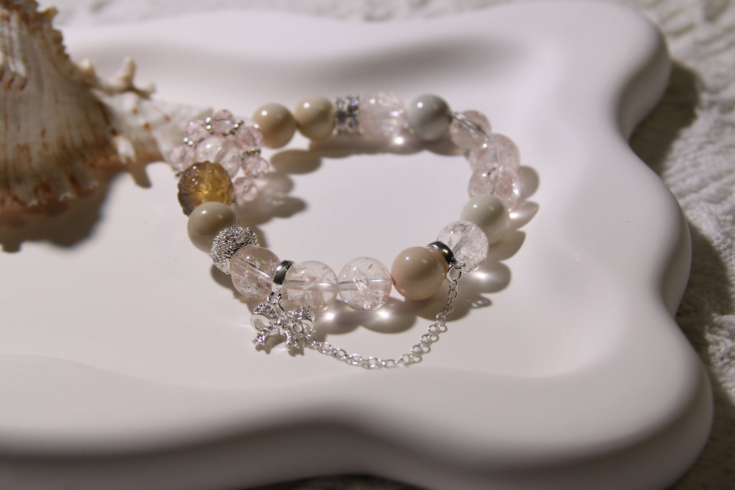 Ethereal Bloom Bracelet: A Symphony of Healing Crystals[Pink Apatite, Alaschan Agate, Fluorite, Rose Quartz]