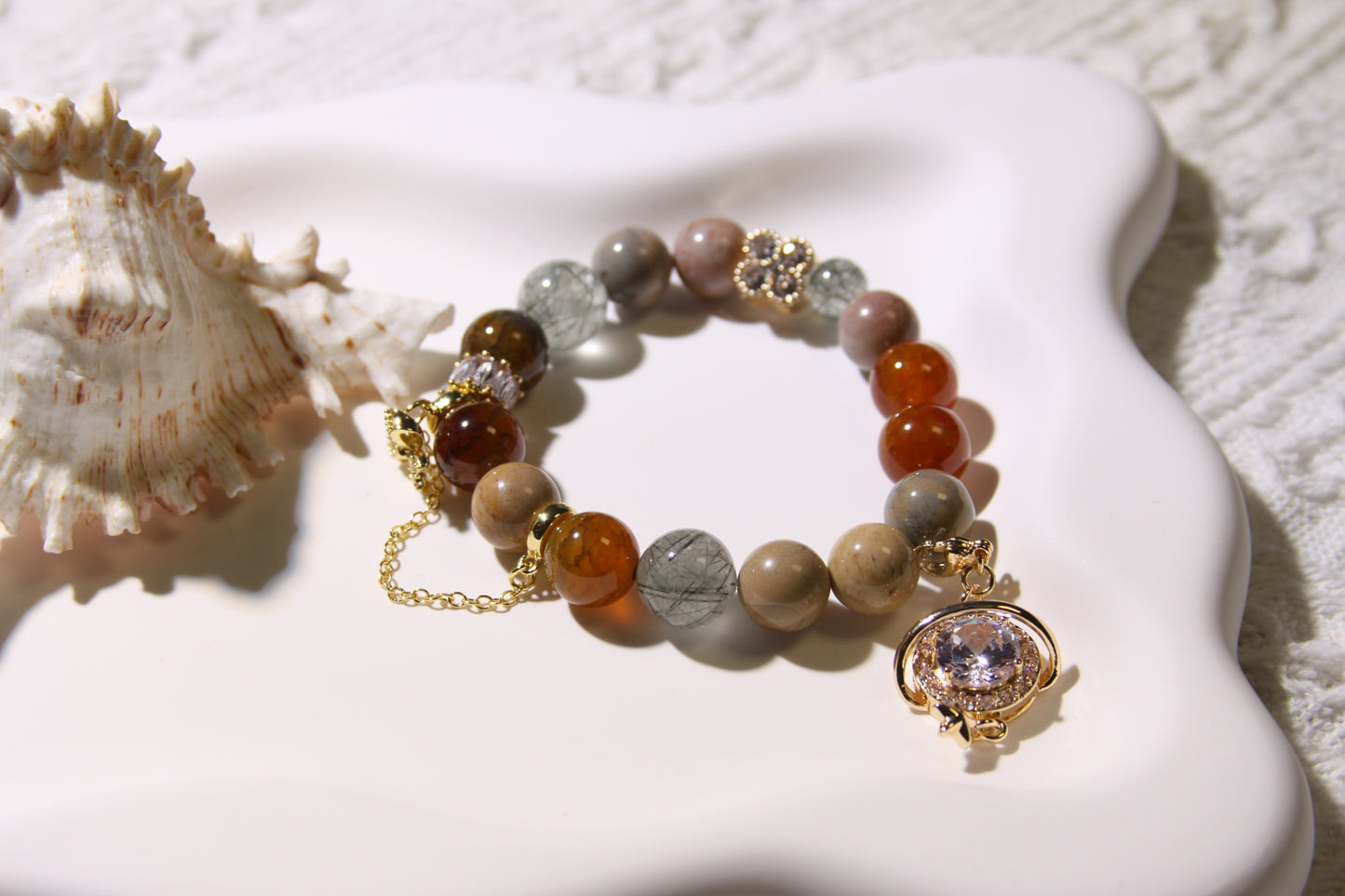 Celestial Energy Bracelet: A Fusion of Grounding Crystals[Red Agate, Alashan Agate, Green Rutilated Quartz]