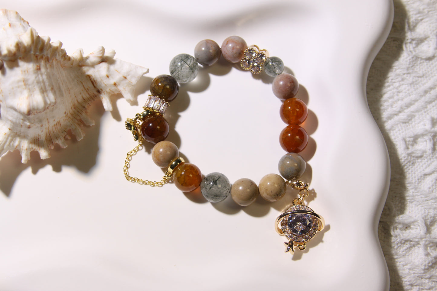 Celestial Energy Bracelet: A Fusion of Grounding Crystals[Red Agate, Alashan Agate, Green Rutilated Quartz]