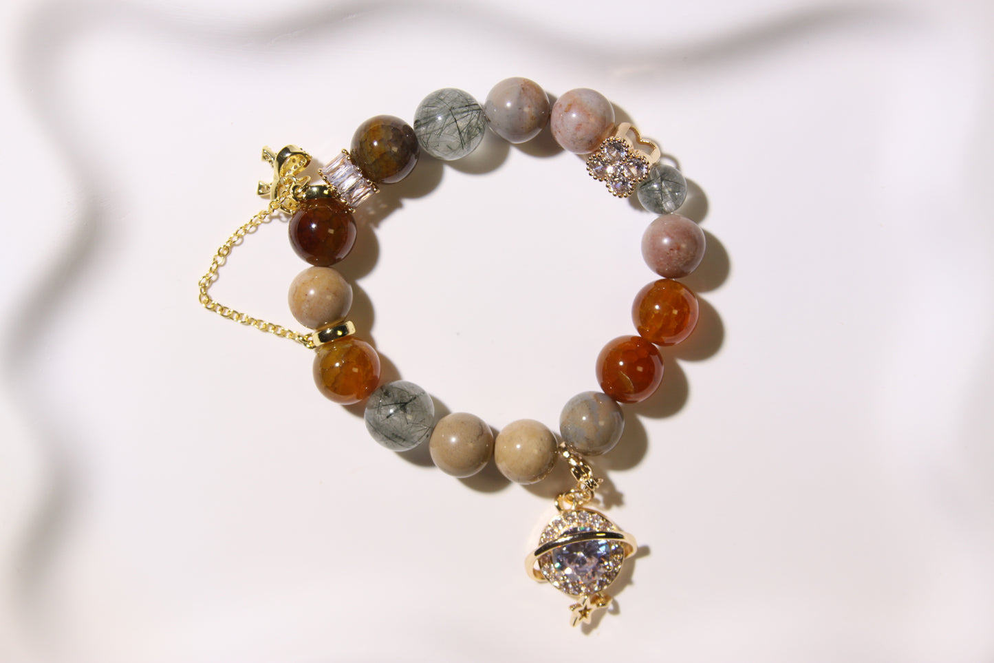 Celestial Energy Bracelet: A Fusion of Grounding Crystals[Red Agate, Alashan Agate, Green Rutilated Quartz]