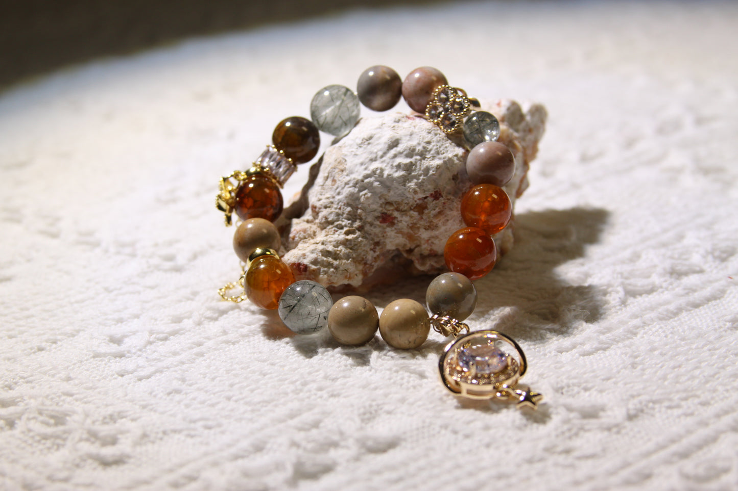 Celestial Energy Bracelet: A Fusion of Grounding Crystals[Red Agate, Alashan Agate, Green Rutilated Quartz]