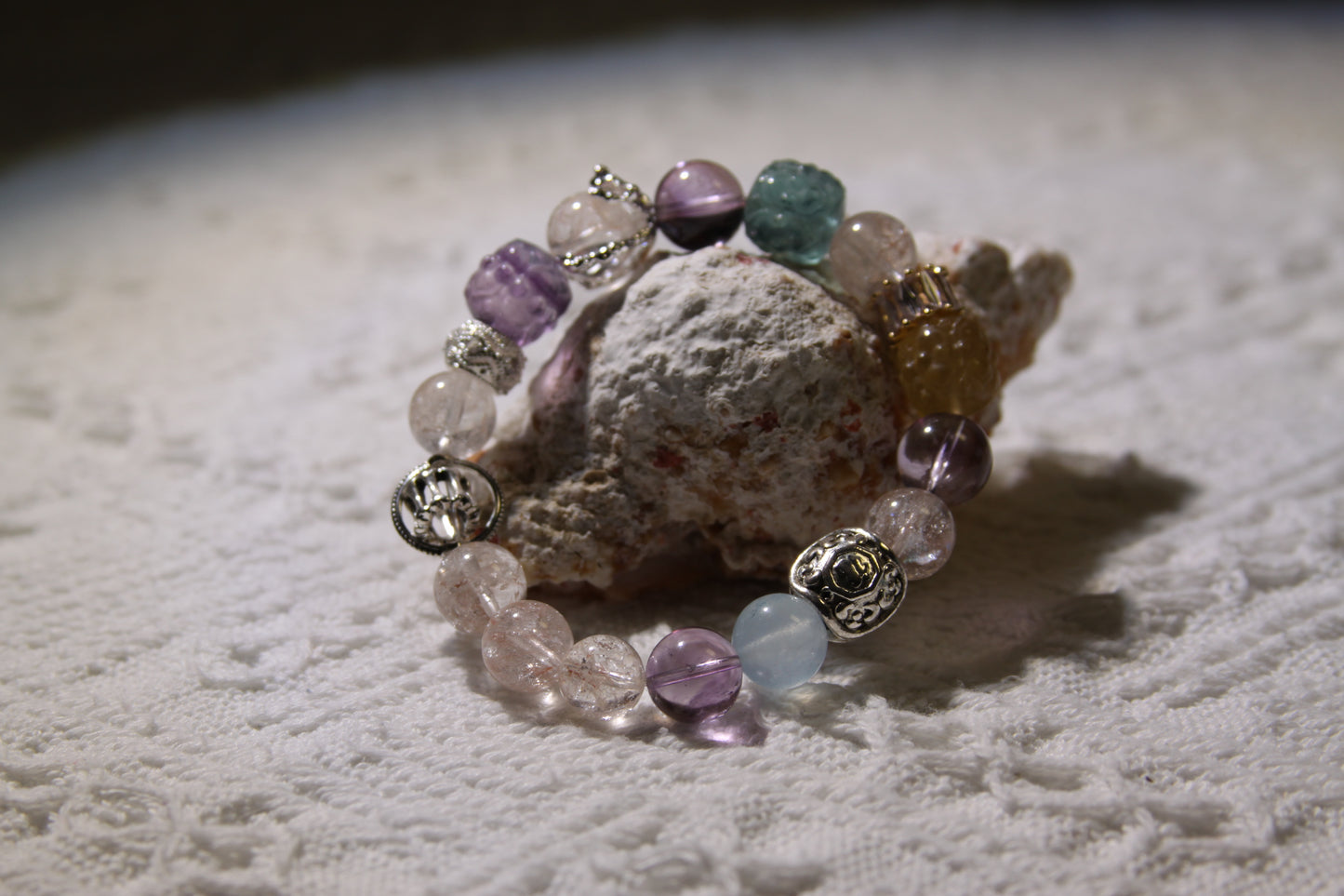 Ethereal Serenity Bracelet: A Fusion of Elemental Energies[Pink Apatite, Amethyst, Fluorite, Aquamarine]