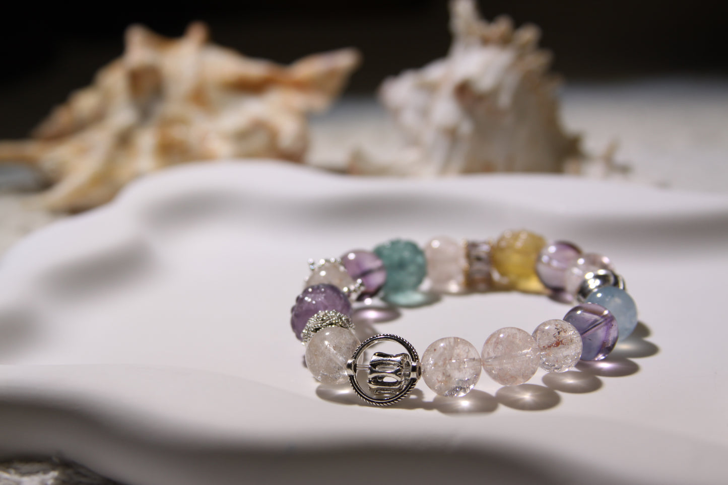 Ethereal Serenity Bracelet: A Fusion of Elemental Energies[Pink Apatite, Amethyst, Fluorite, Aquamarine]