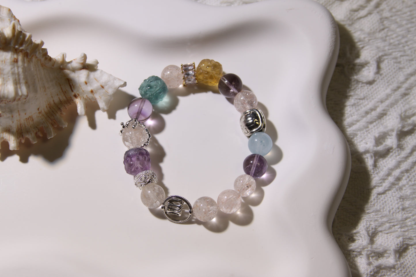 Ethereal Serenity Bracelet: A Fusion of Elemental Energies[Pink Apatite, Amethyst, Fluorite, Aquamarine]