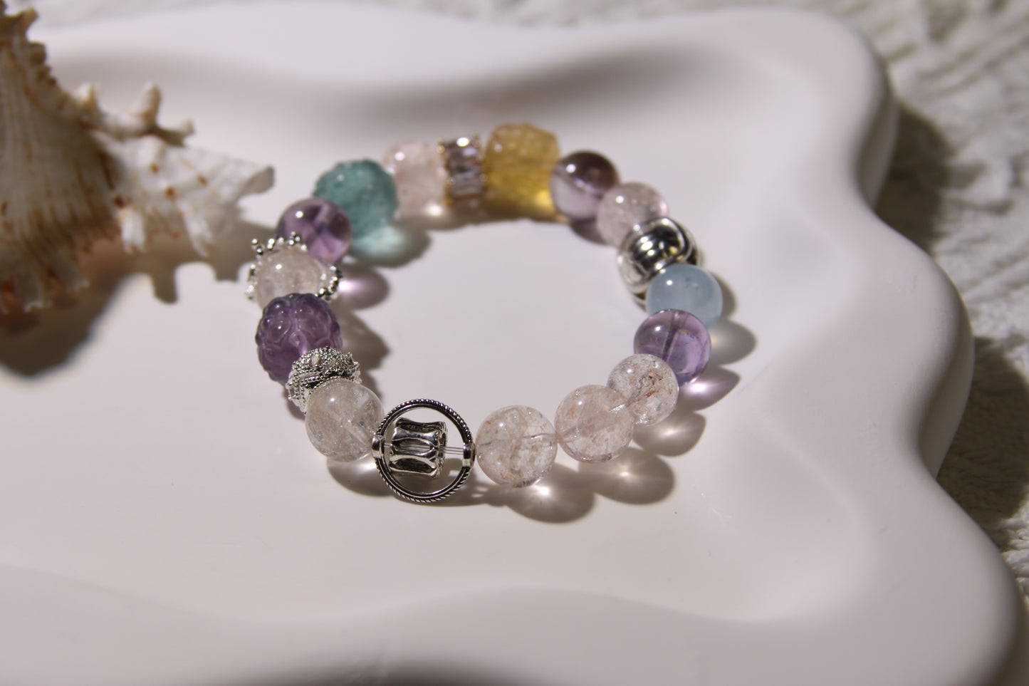 Ethereal Serenity Bracelet: A Fusion of Elemental Energies[Pink Apatite, Amethyst, Fluorite, Aquamarine]