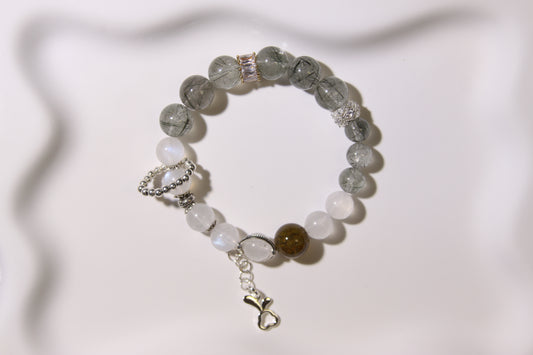 Lunar Whisper Bracelet: A Dance of Mystical Energies[Green Rutilated Quartz, Blue Moonstone, Red Agate]