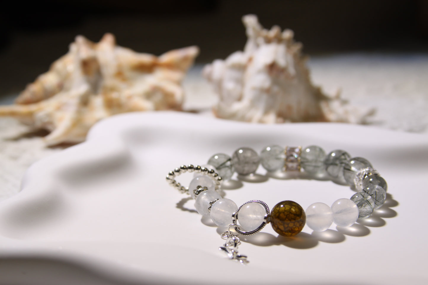 Lunar Whisper Bracelet: A Dance of Mystical Energies[Green Rutilated Quartz, Blue Moonstone, Red Agate]