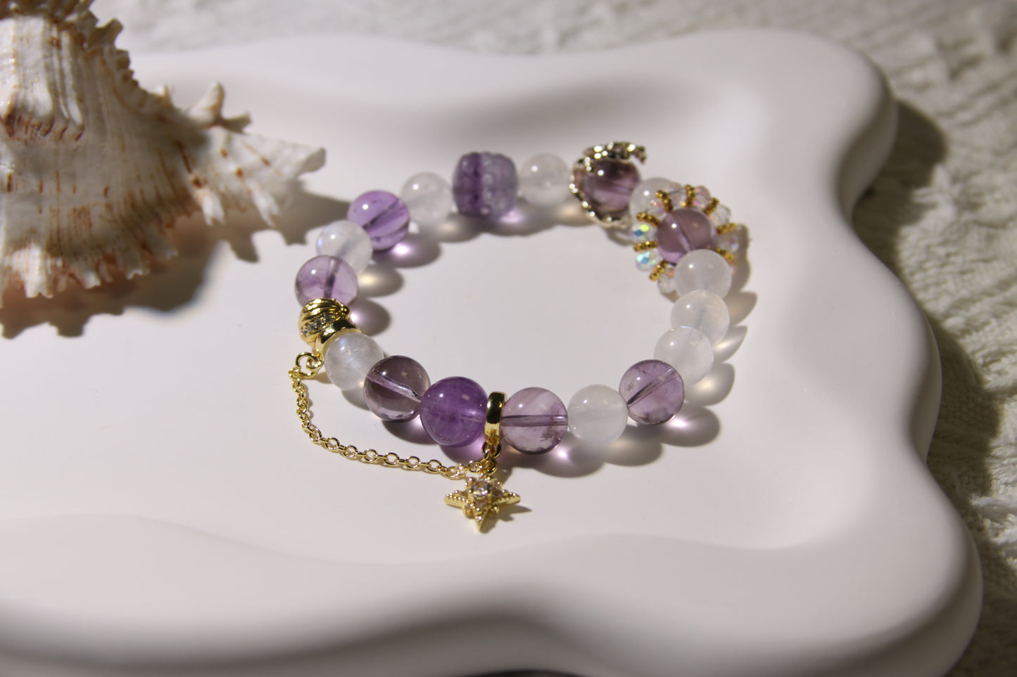 Lunar Whispers Bracelet[Amethyst, Blue Moonstone, and Clear Quartz Ensemble]