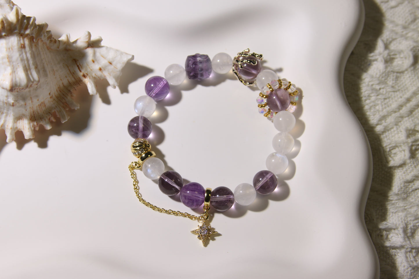 Lunar Whispers Bracelet[Amethyst, Blue Moonstone, and Clear Quartz Ensemble]