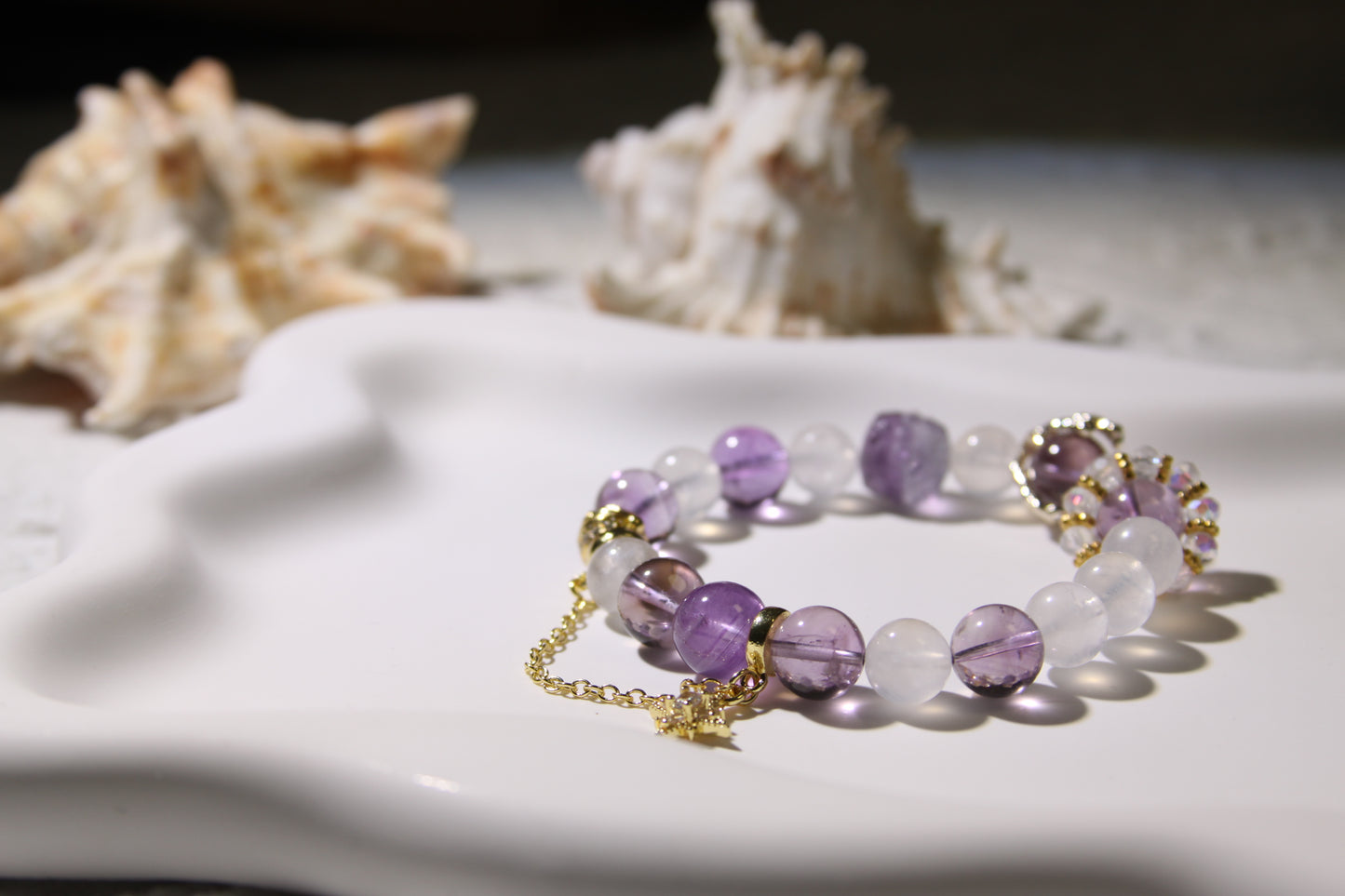 Lunar Whispers Bracelet[Amethyst, Blue Moonstone, and Clear Quartz Ensemble]