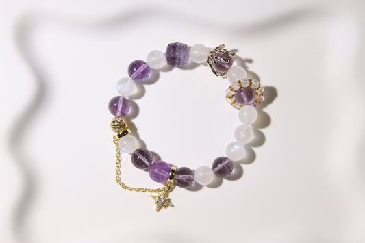 Lunar Whispers Bracelet[Amethyst, Blue Moonstone, and Clear Quartz Ensemble]