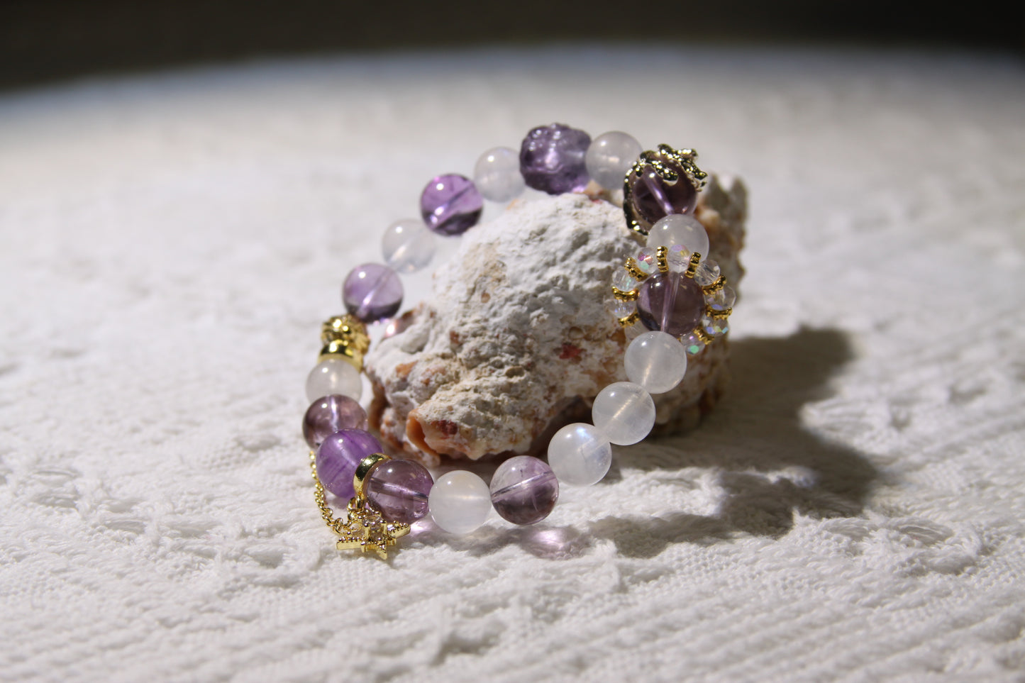 Lunar Whispers Bracelet[Amethyst, Blue Moonstone, and Clear Quartz Ensemble]