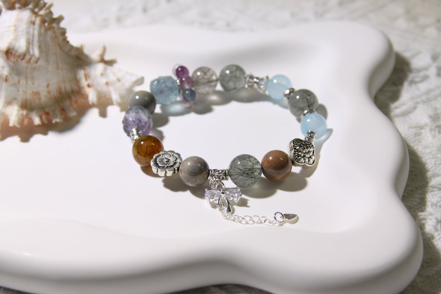 Cosmic Garden Bracelet: A Symphony of Natural Wonders[Green Rutilated Quartz, Alaschan Agate, Fluorite, Aquamarine, Red Agate]