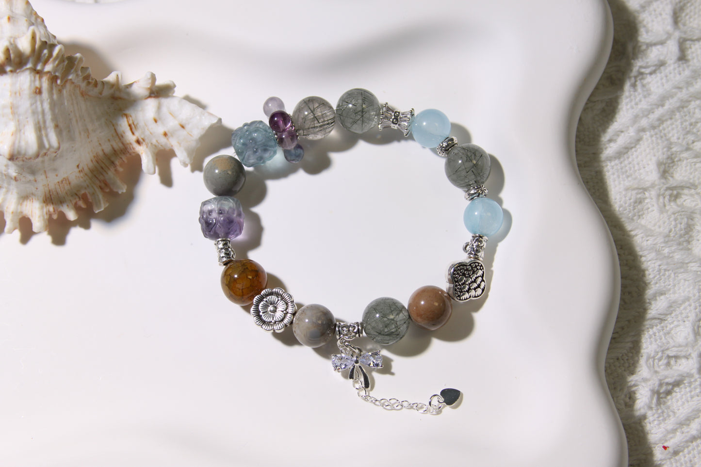 Cosmic Garden Bracelet: A Symphony of Natural Wonders[Green Rutilated Quartz, Alaschan Agate, Fluorite, Aquamarine, Red Agate]