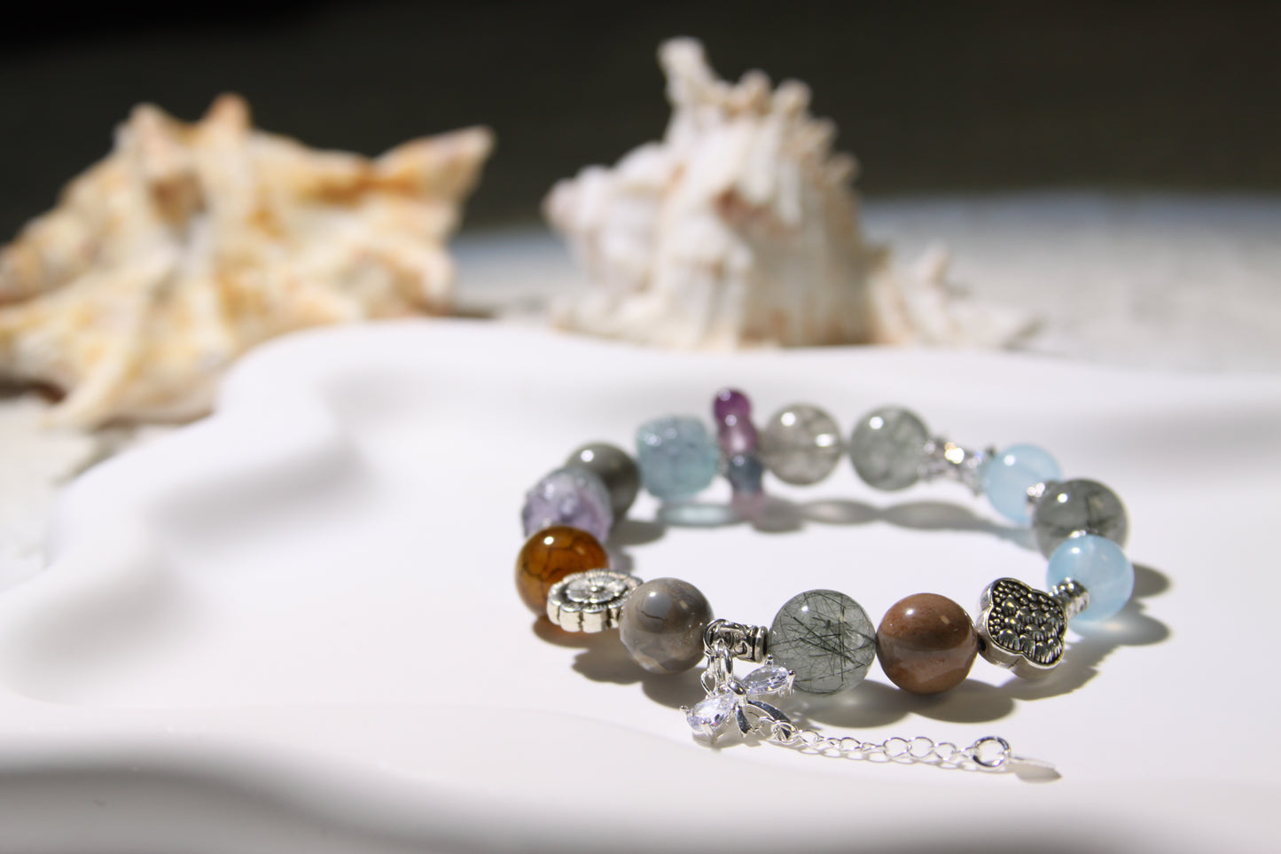 Cosmic Garden Bracelet: A Symphony of Natural Wonders[Green Rutilated Quartz, Alaschan Agate, Fluorite, Aquamarine, Red Agate]