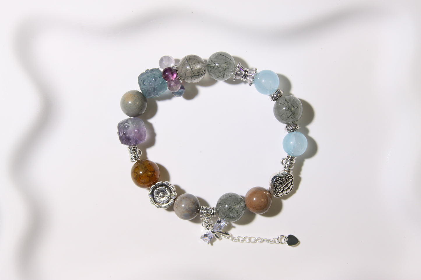 Cosmic Garden Bracelet: A Symphony of Natural Wonders[Green Rutilated Quartz, Alaschan Agate, Fluorite, Aquamarine, Red Agate]