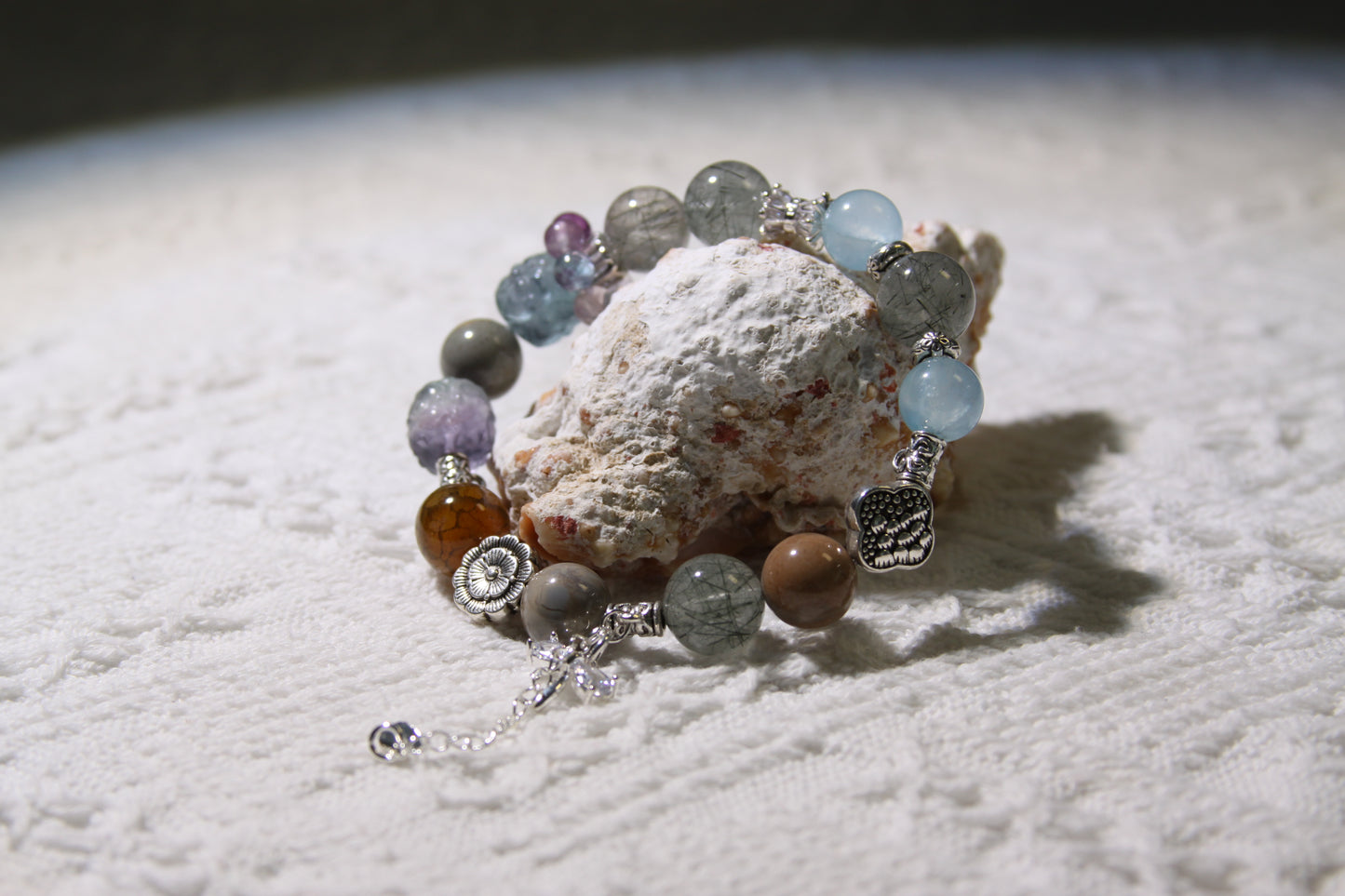 Cosmic Garden Bracelet: A Symphony of Natural Wonders[Green Rutilated Quartz, Alaschan Agate, Fluorite, Aquamarine, Red Agate]