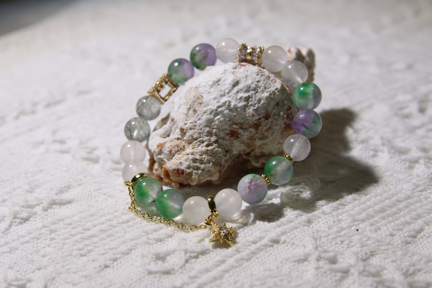 Ethereal Meadow Bracelet: A Tapestry of Nature's Serenity[Chalcedony, Blue Moonstone, Green Rutilated Quartz]