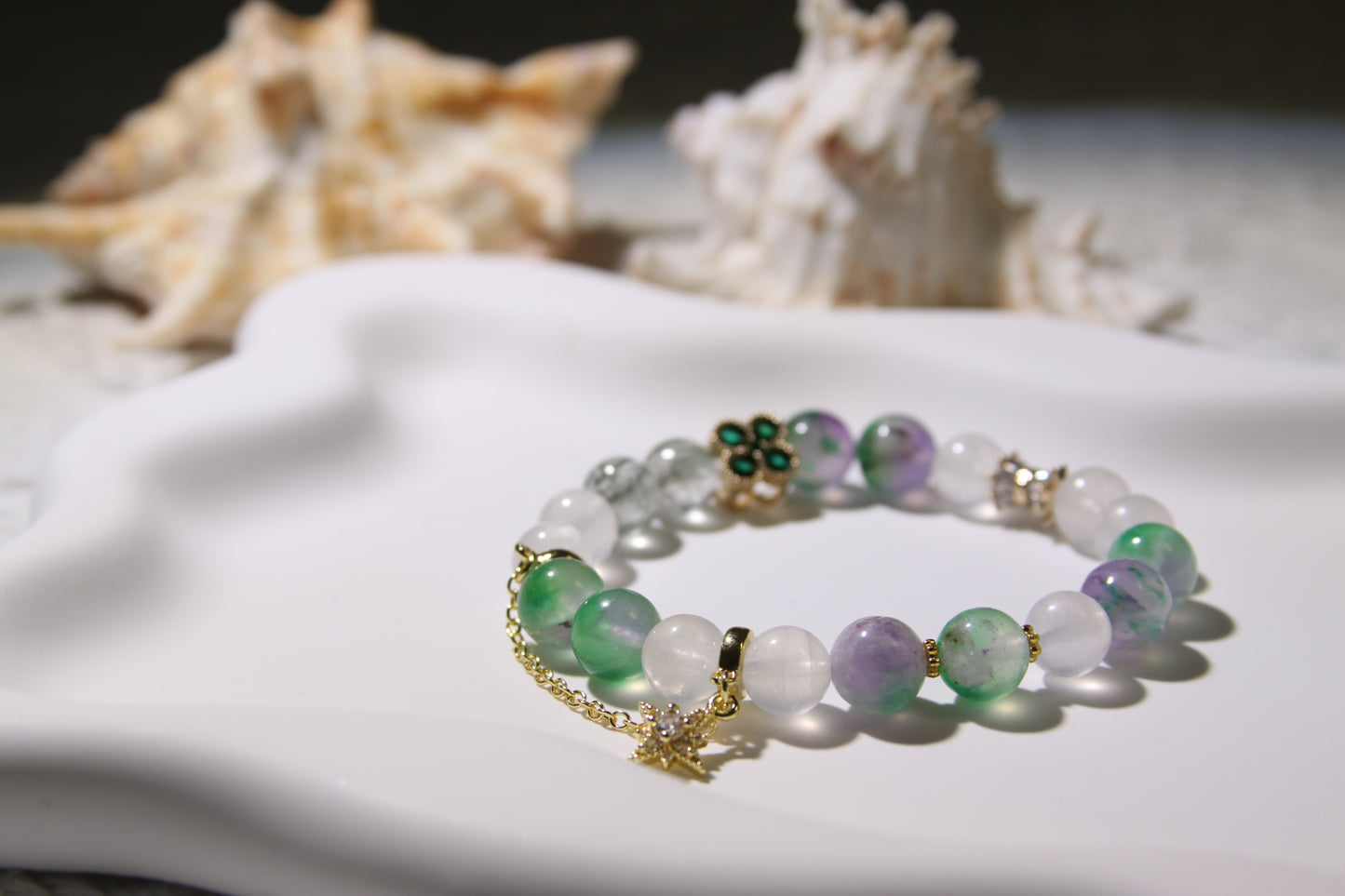 Ethereal Meadow Bracelet: A Tapestry of Nature's Serenity[Chalcedony, Blue Moonstone, Green Rutilated Quartz]