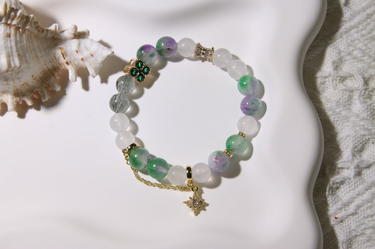 Ethereal Meadow Bracelet: A Tapestry of Nature's Serenity[Chalcedony, Blue Moonstone, Green Rutilated Quartz]