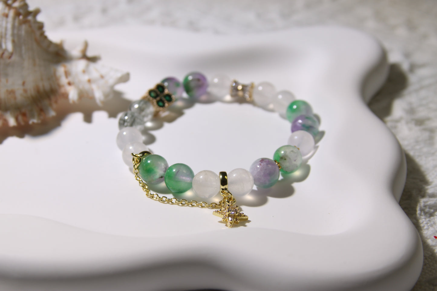 Ethereal Meadow Bracelet: A Tapestry of Nature's Serenity[Chalcedony, Blue Moonstone, Green Rutilated Quartz]