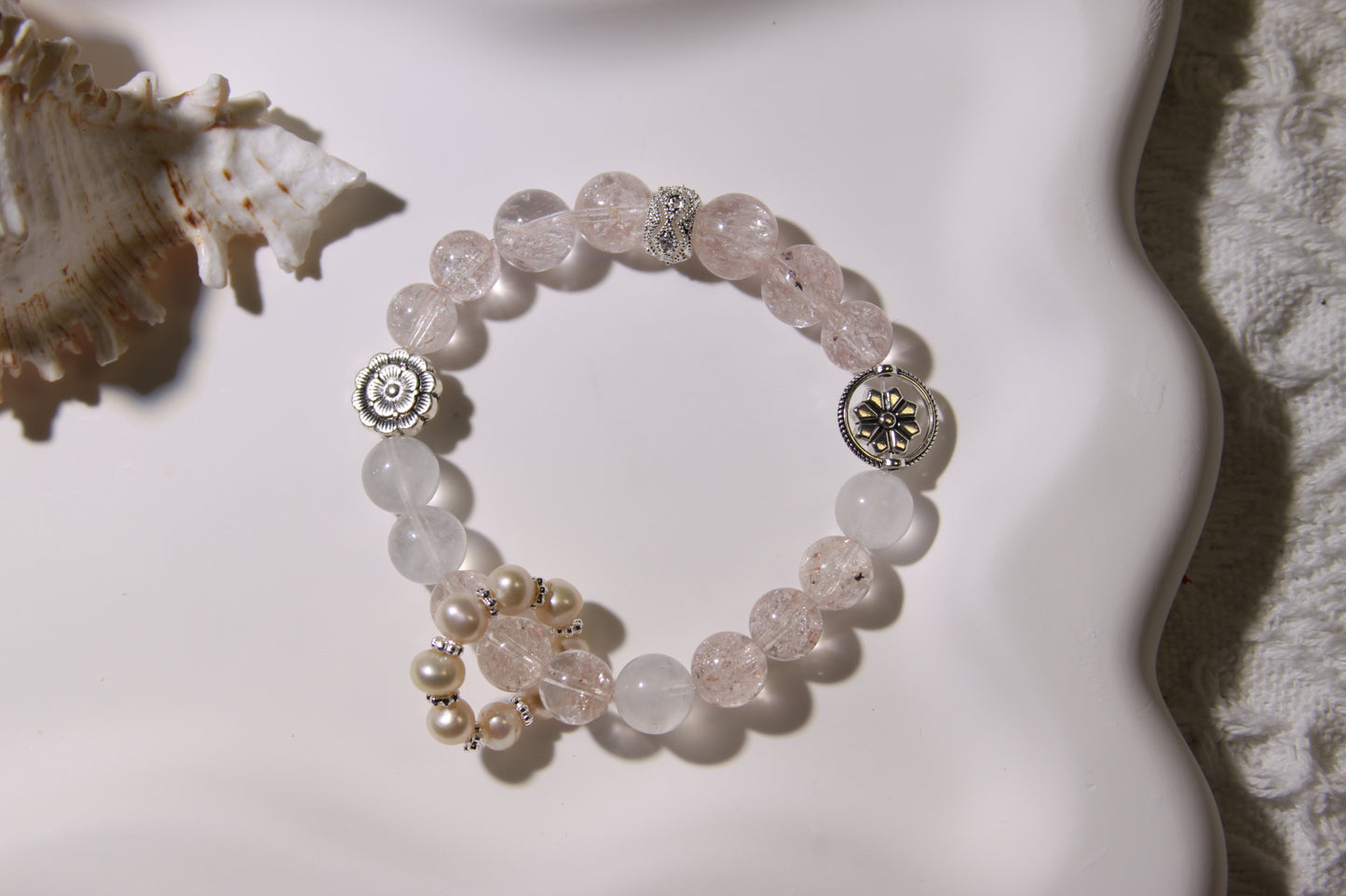 Moonlit Pearl Serenity Bracelet: A Symphony of Celestial Elegance[Pink Apatite, Blue Moonstone, Freshwater Pearls]