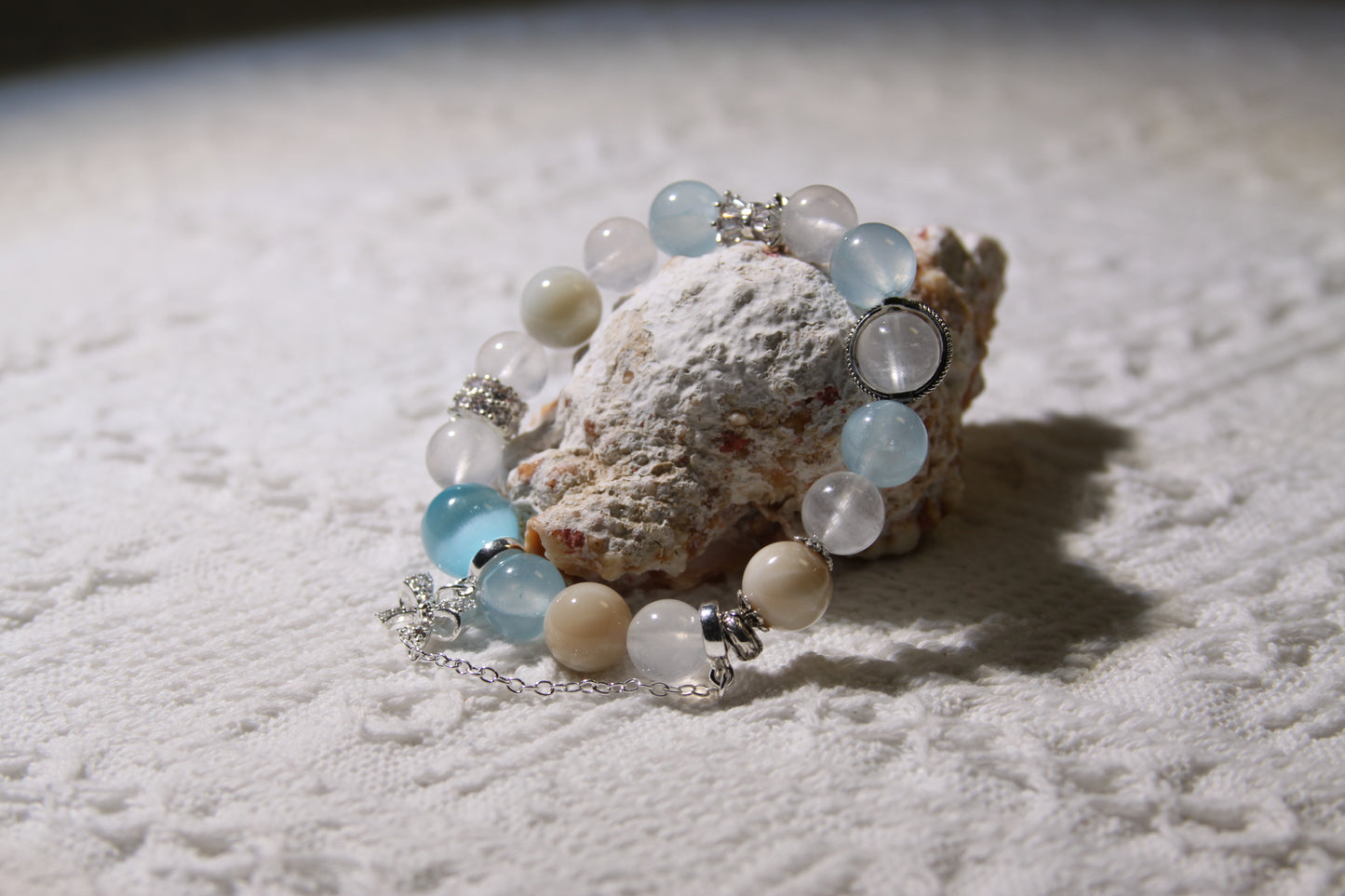 Ocean's Whisper Bracelet: A Symphony of Coastal Serenity[Blue Moonstone, Aquamarine, Alashan Agate]