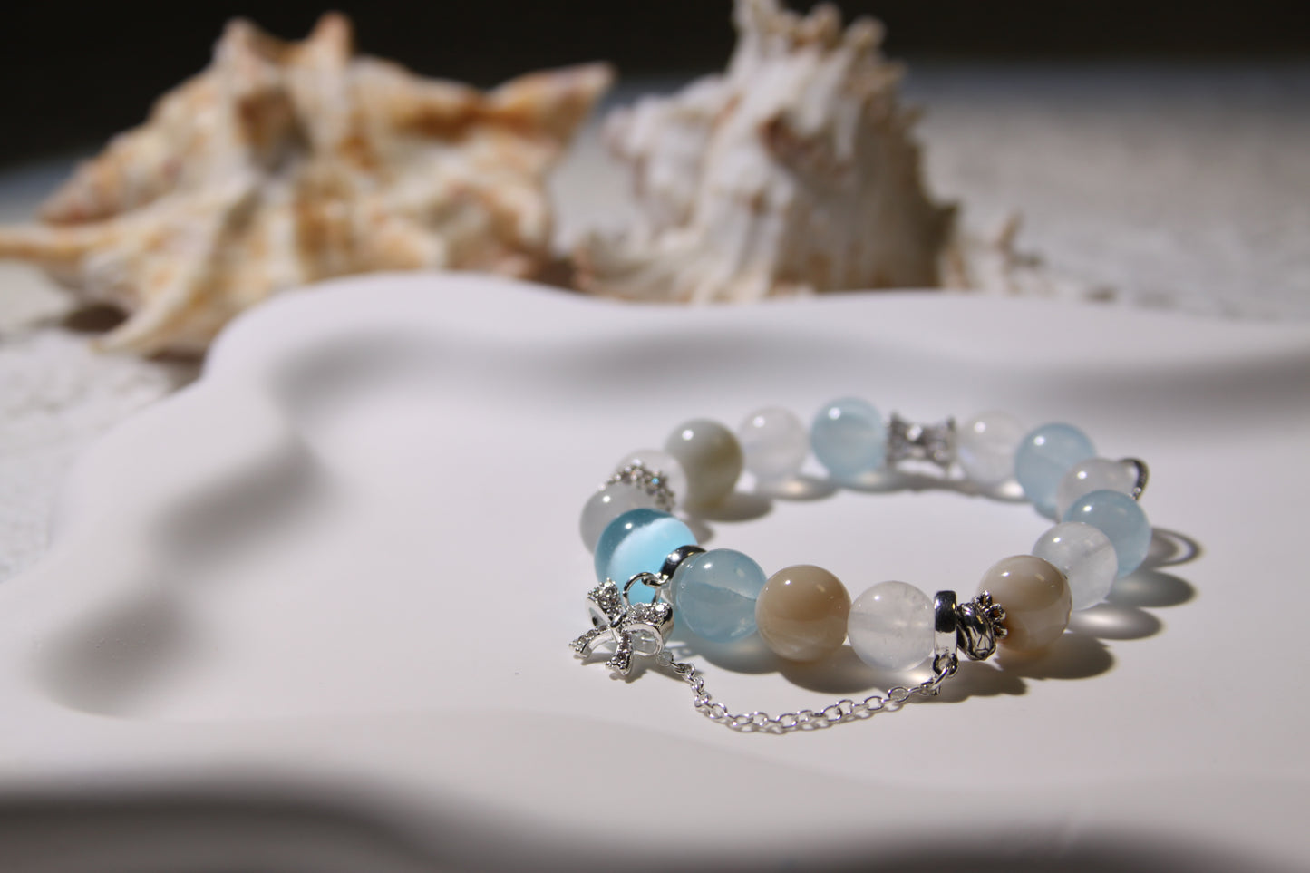 Ocean's Whisper Bracelet: A Symphony of Coastal Serenity[Blue Moonstone, Aquamarine, Alashan Agate]