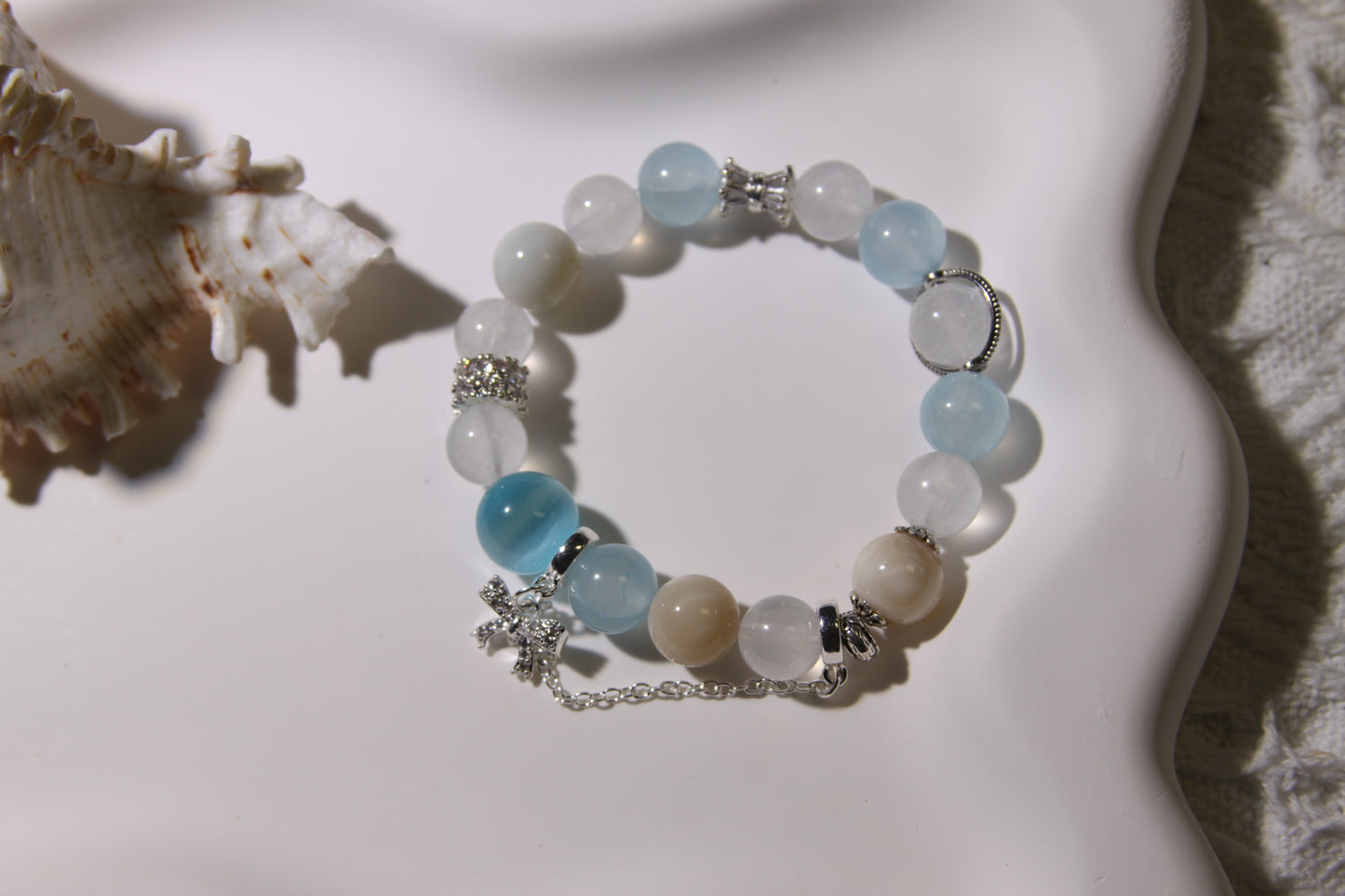 Ocean's Whisper Bracelet: A Symphony of Coastal Serenity[Blue Moonstone, Aquamarine, Alashan Agate]