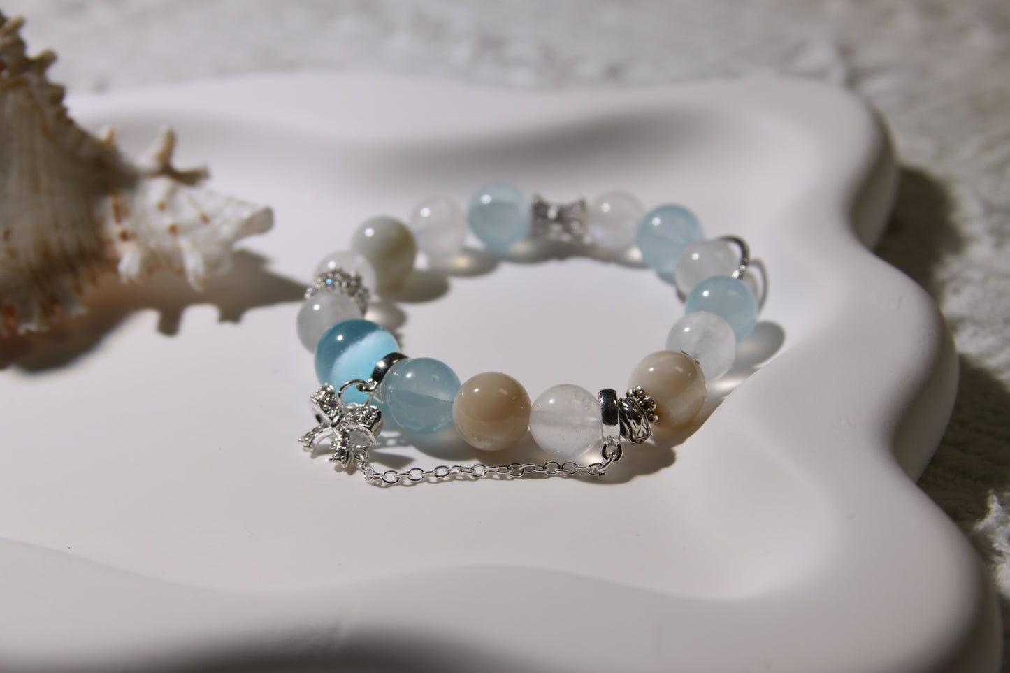 Ocean's Whisper Bracelet: A Symphony of Coastal Serenity[Blue Moonstone, Aquamarine, Alashan Agate]