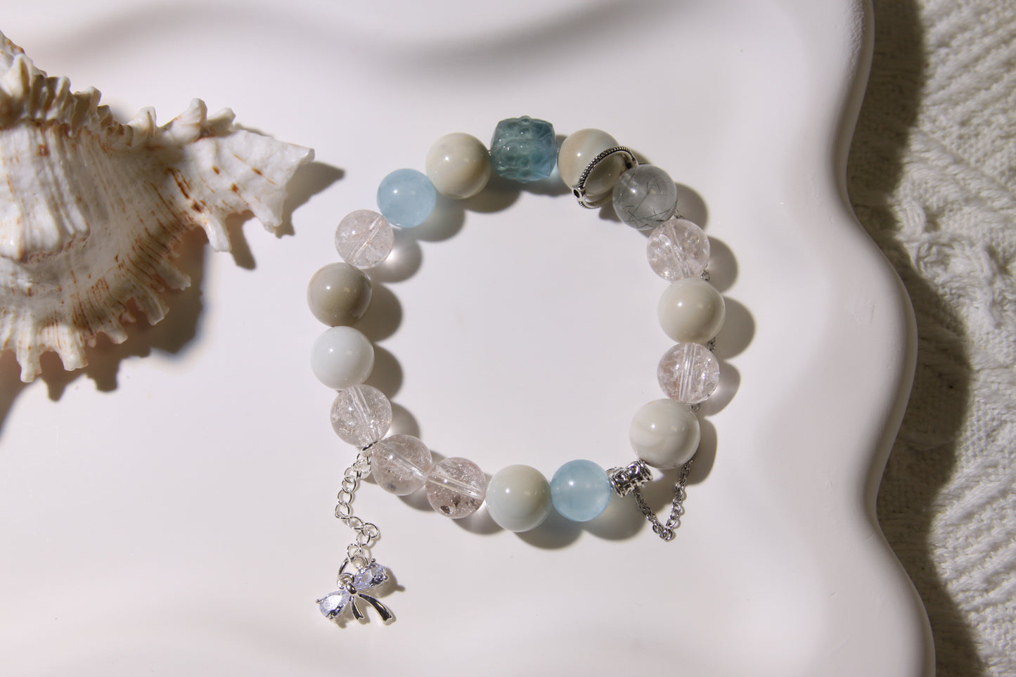 Elemental Harmony Bracelet: A Tapestry of Nature's Wisdom[Pink Apatite, Alaschan Agate, Aquamarine, Fluorite, Green Rutilated Quartz]