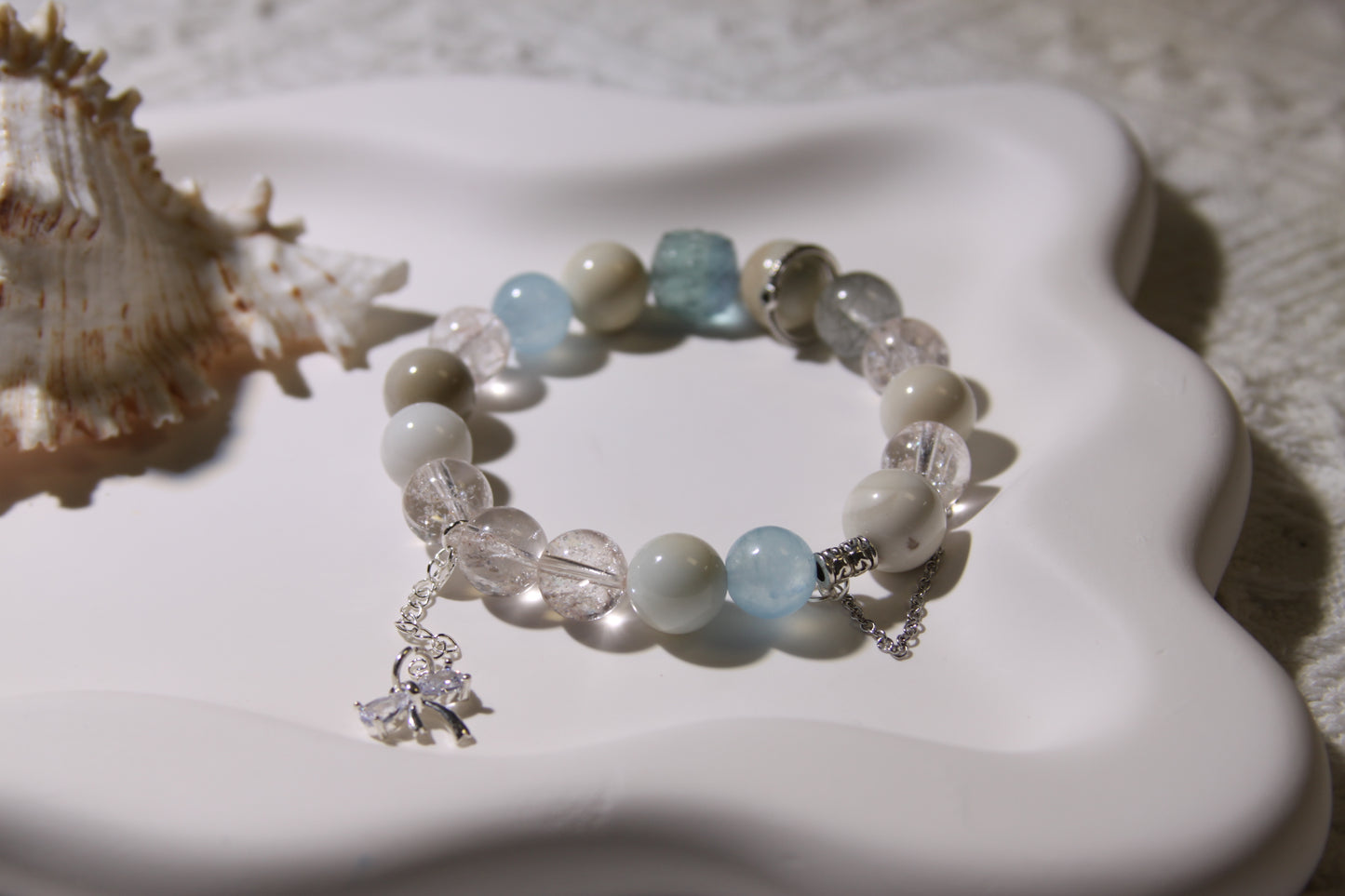 Elemental Harmony Bracelet: A Tapestry of Nature's Wisdom[Pink Apatite, Alaschan Agate, Aquamarine, Fluorite, Green Rutilated Quartz]