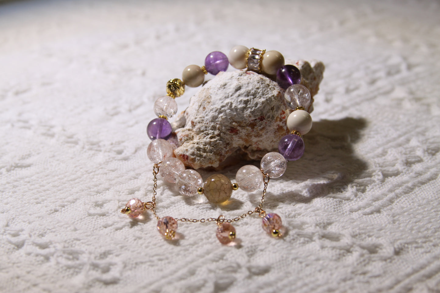 Celestial Bloom Bracelet: A Garden of Inner Harmony[Pink Apatite, Amethyst, Alashan Agate, Clear Quartz]