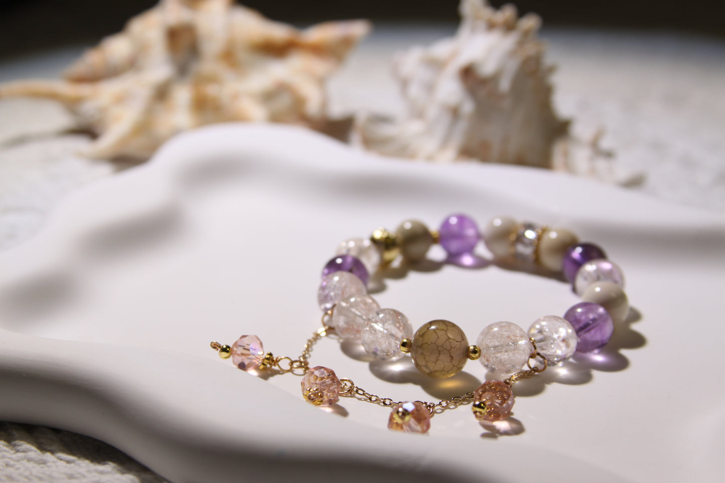 Celestial Bloom Bracelet: A Garden of Inner Harmony[Pink Apatite, Amethyst, Alashan Agate, Clear Quartz]